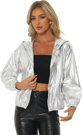 Allegra K Holographic Jackets for Women's Hooded Long Sleeve Zipper Christmas Metallic Jacket