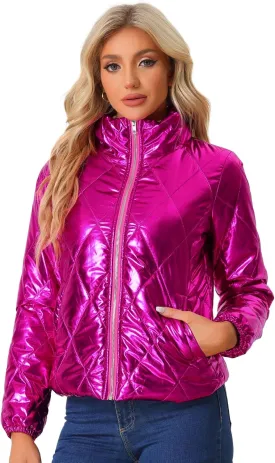 Allegra K Women's Christmas Puffer Jacket Holographic Shiny Metallic Jacket