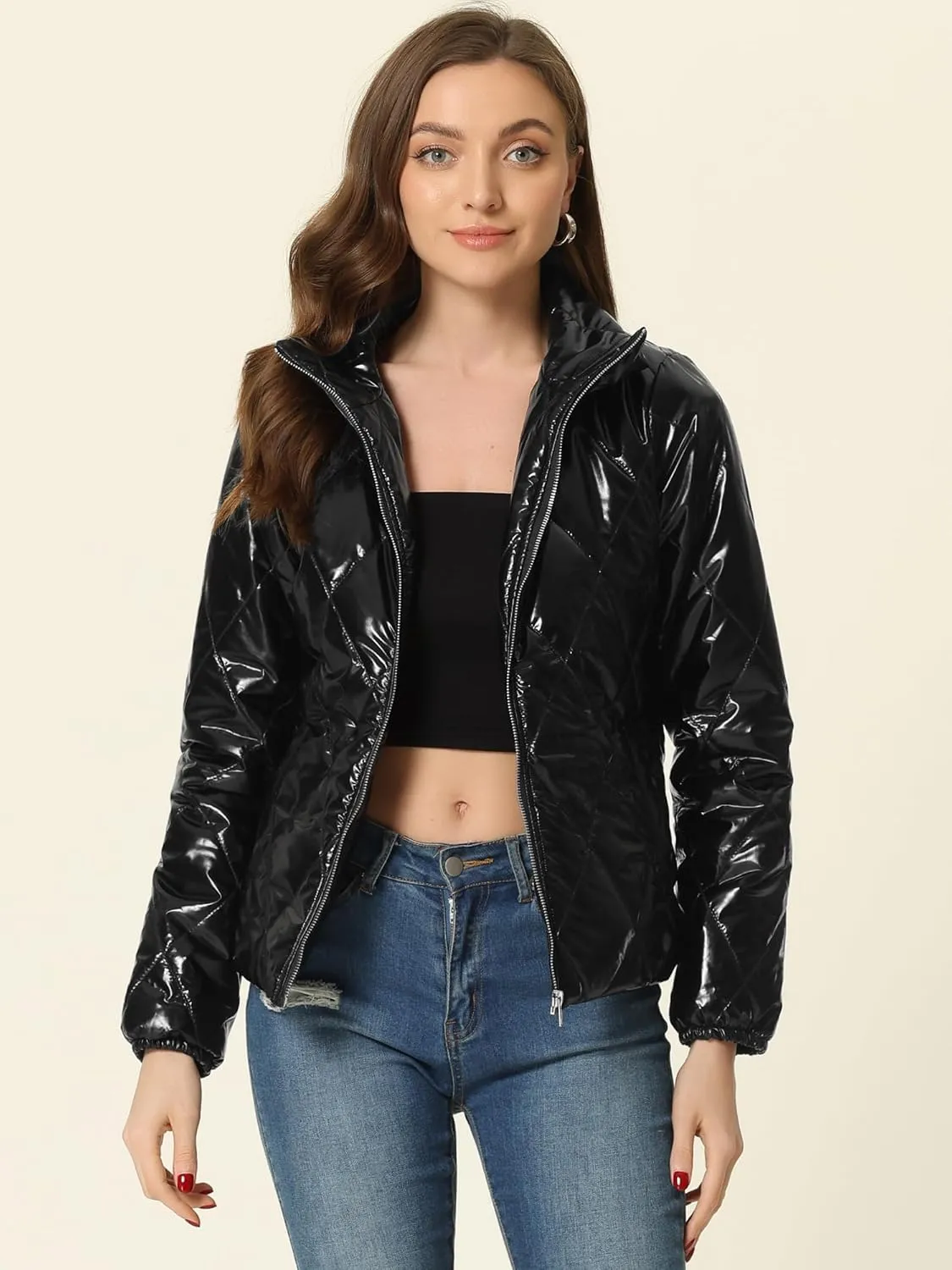 Allegra K Women's Christmas Puffer Jacket Holographic Shiny Metallic Jacket