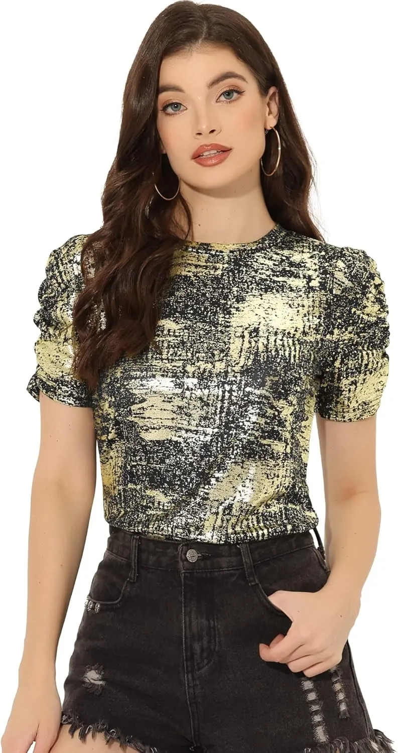 Allegra K Women's Metallic Glitter Top Christmas Round Neck Puff Sleeve Stretch Shiny Sparkly Tops