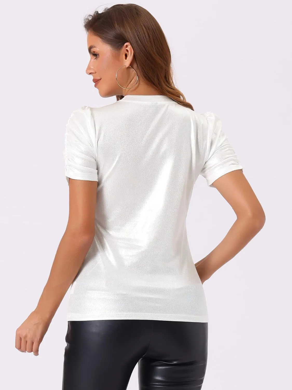 Allegra K Women's Metallic Glitter Top Christmas Round Neck Puff Sleeve Stretch Shiny Sparkly Tops
