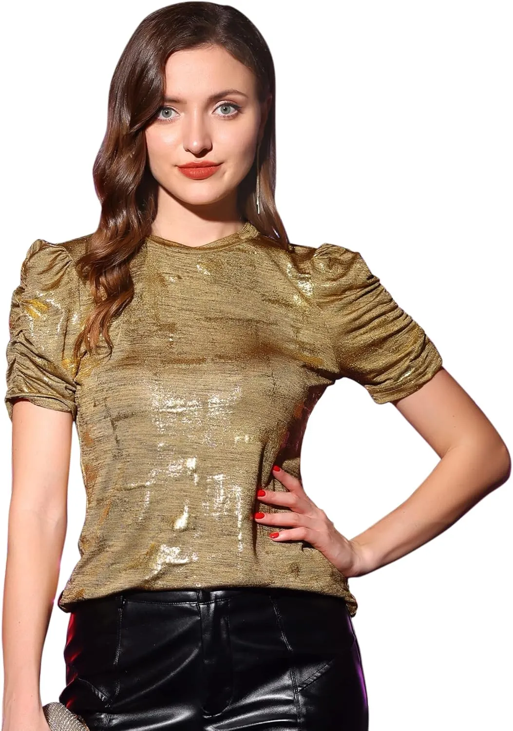 Allegra K Women's Metallic Glitter Top Christmas Round Neck Puff Sleeve Stretch Shiny Sparkly Tops