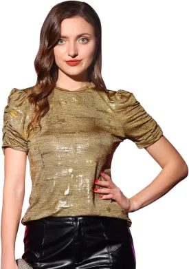 Allegra K Women's Metallic Glitter Top Christmas Round Neck Puff Sleeve Stretch Shiny Sparkly Tops