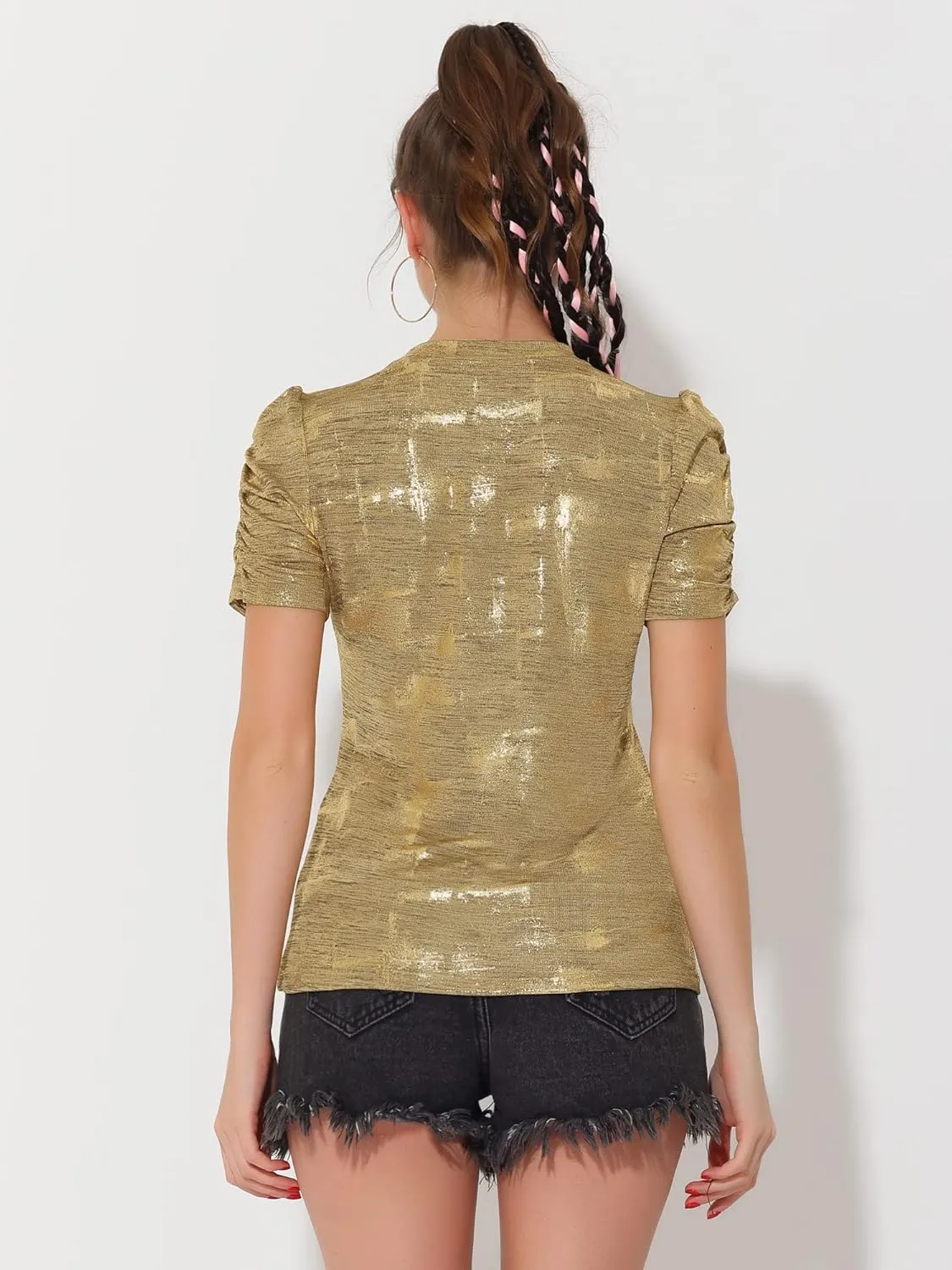 Allegra K Women's Metallic Glitter Top Christmas Round Neck Puff Sleeve Stretch Shiny Sparkly Tops