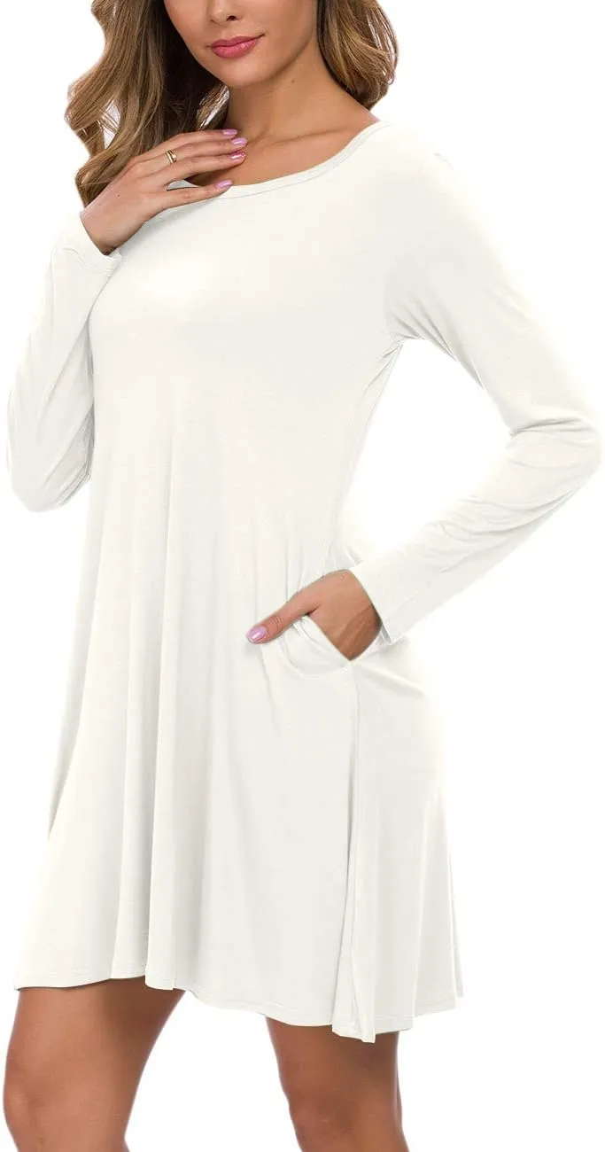AUSELILY Women's Long Sleeve Casual Swing T-Shirt Dresses with Pockets