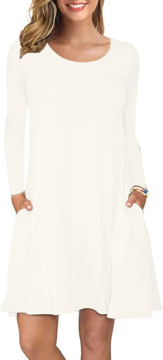 AUSELILY Women's Long Sleeve Casual Swing T-Shirt Dresses with Pockets
