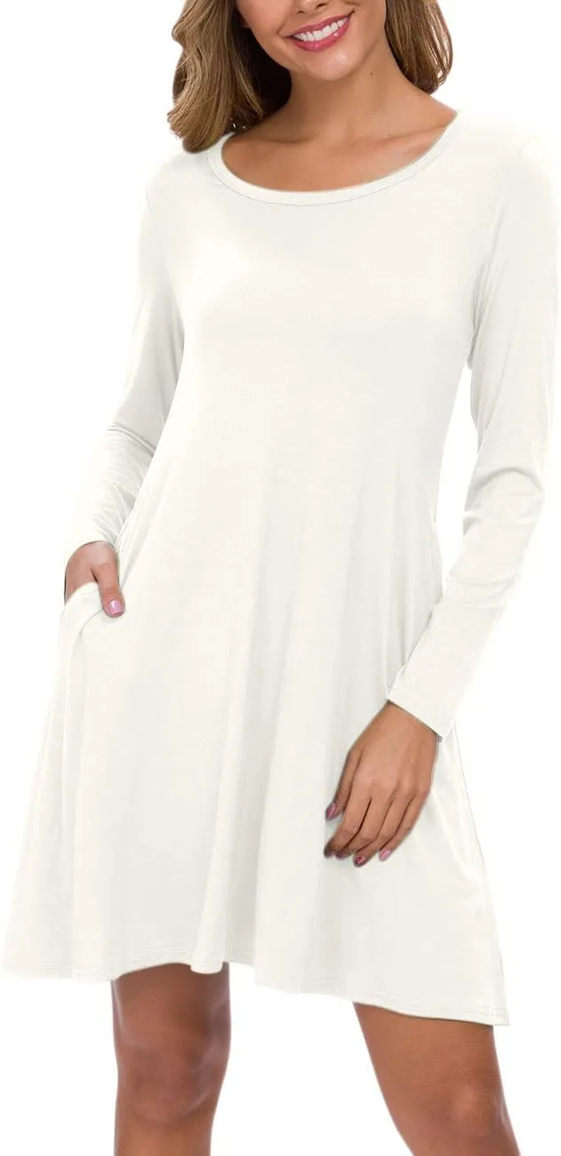 AUSELILY Women's Long Sleeve Casual Swing T-Shirt Dresses with Pockets