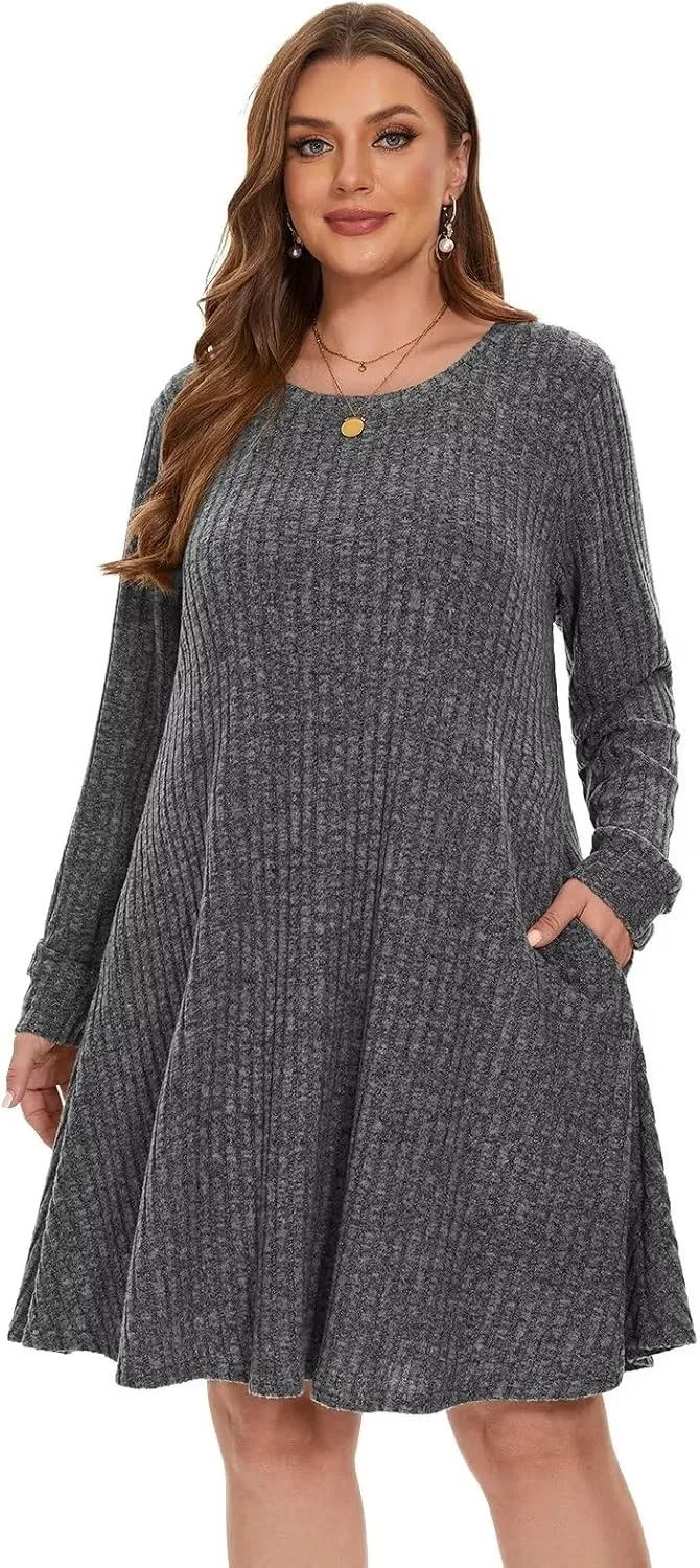 BELAROI Sweater Dress Plus Size Dresses Crew Neck Long Sleeve Casual Fall Winter Tunic Dress Pockets