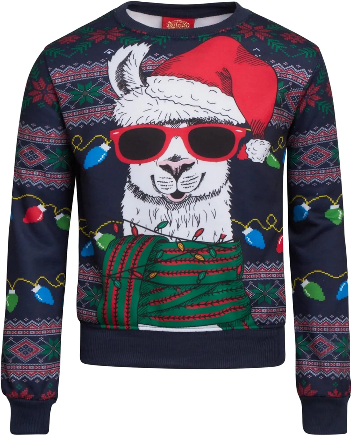 Boys' Ugly Christmas Sweater - Santa Elf and Llama Holiday Graphic Funny Christmas Sweater for Boys (Sizes: 8-18)