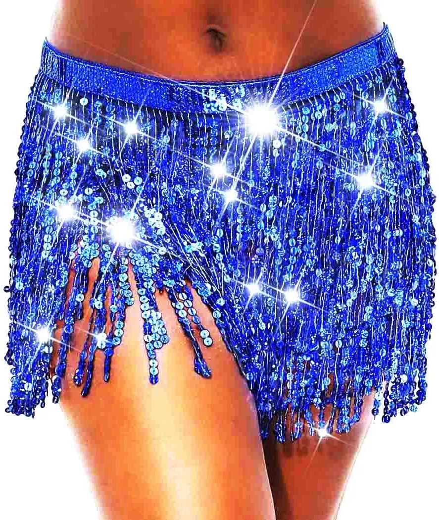 Christmas Sequin Tassel Skirt Belly Dance Skirt Sparkly Hip Scarf Skirt New Year Party Costume for Women