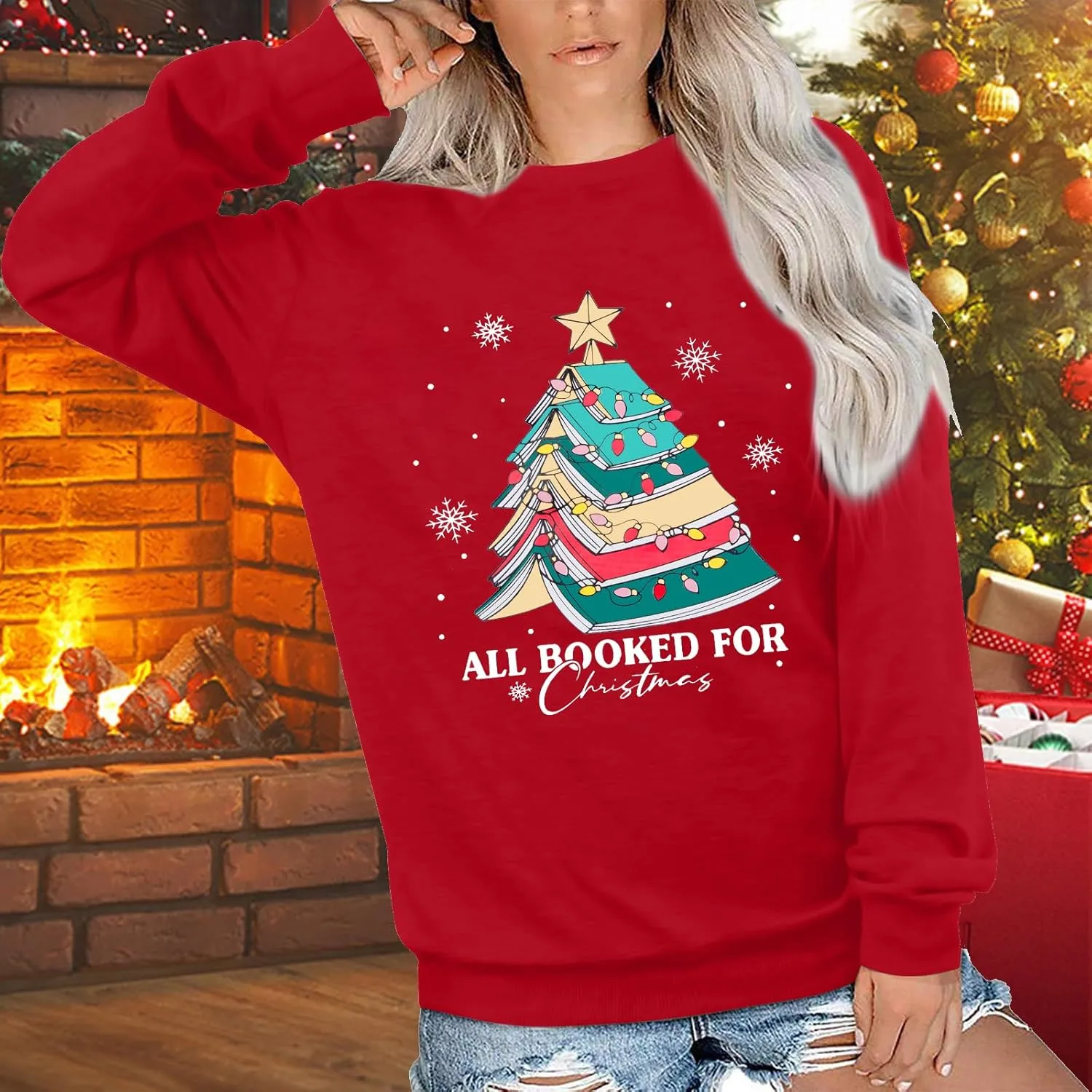 Christmas Sweatshirts for Women Cute Christmas Tree Graphic Long Sleeve Shirt Xmas Holiday Party Pullover Blouse
