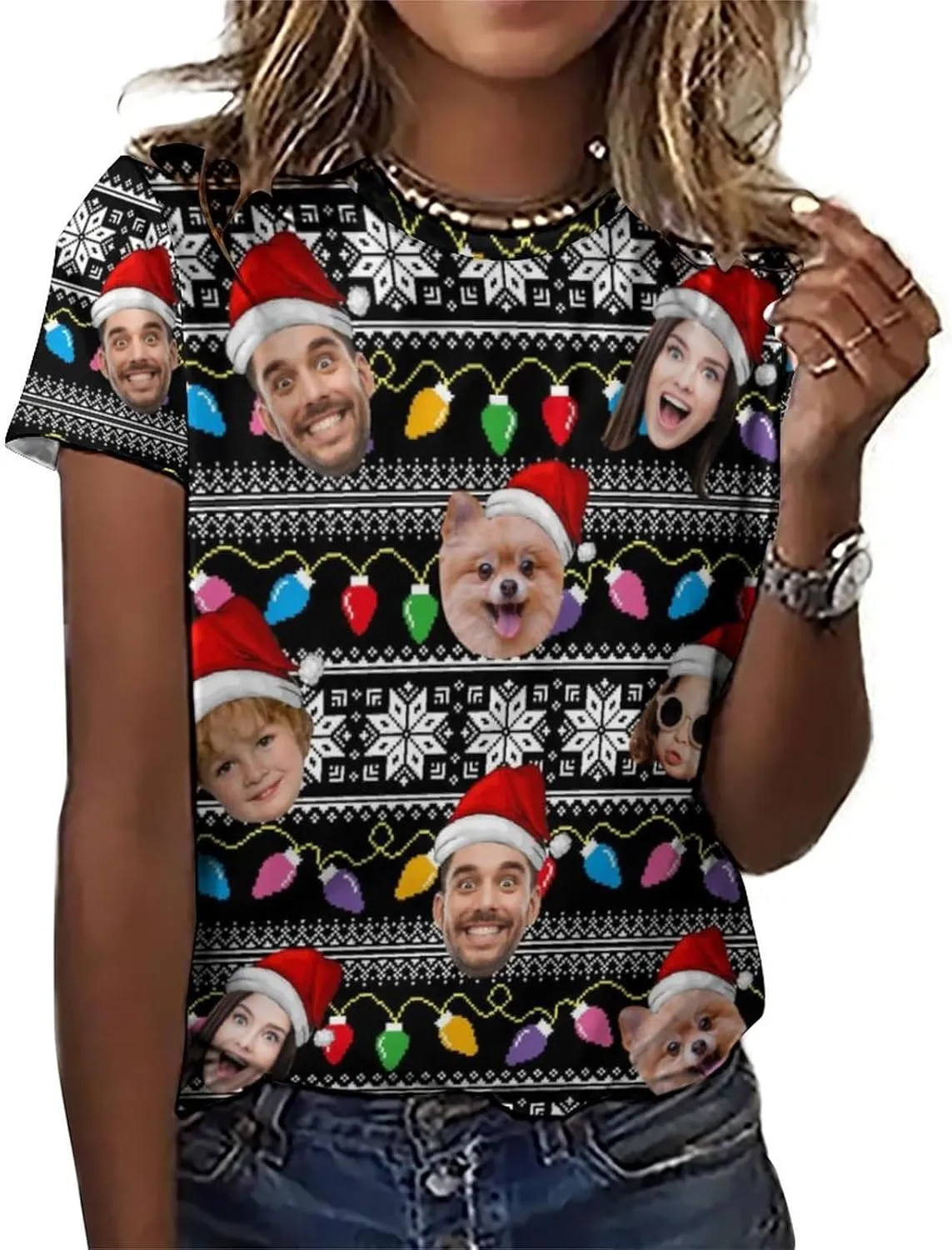 Custom Christmas Shirts for Men Women Family Matching Funny Faces Print Santa T-Shirts Personalized Tees