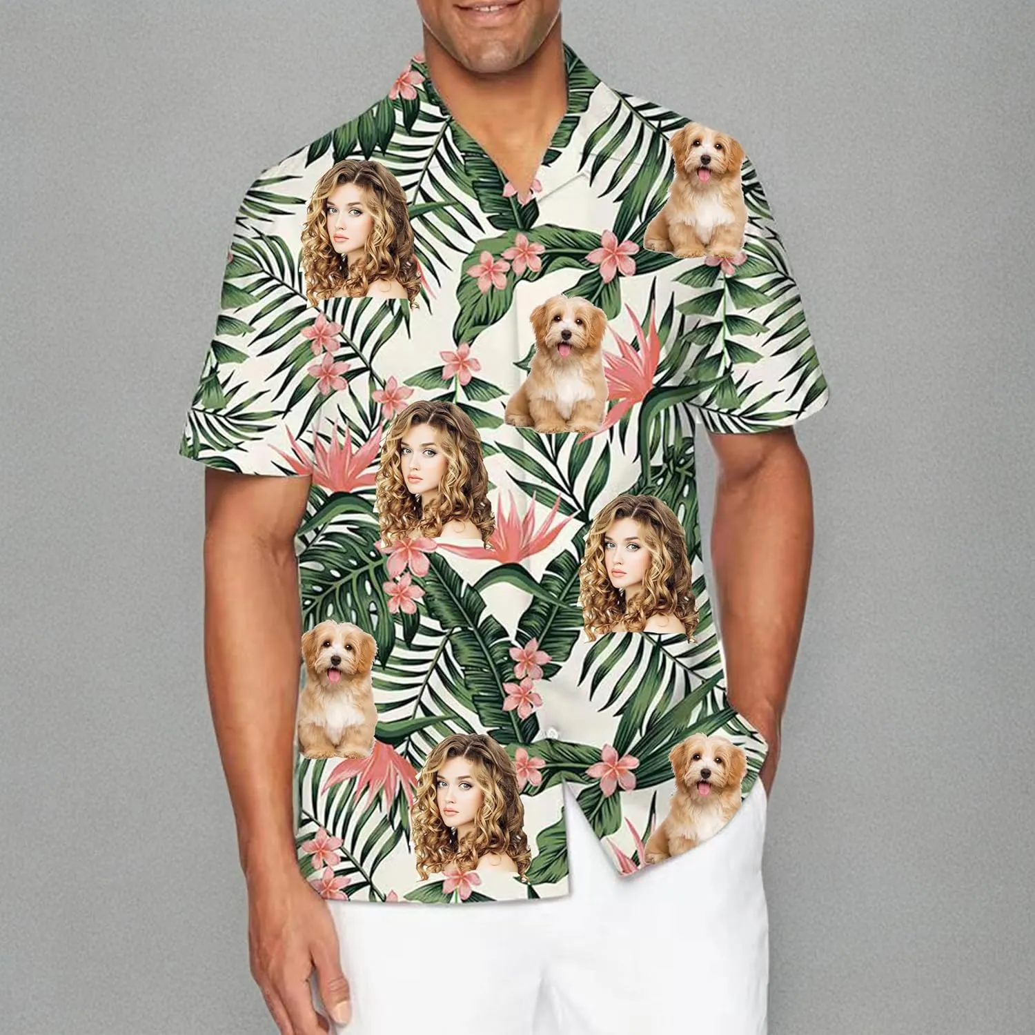 Custom Hawaiian Shirt with Face Pet Face Logo Custom T Shirts Personalized Button Up Shirts for Men Fathers Birthday Gift