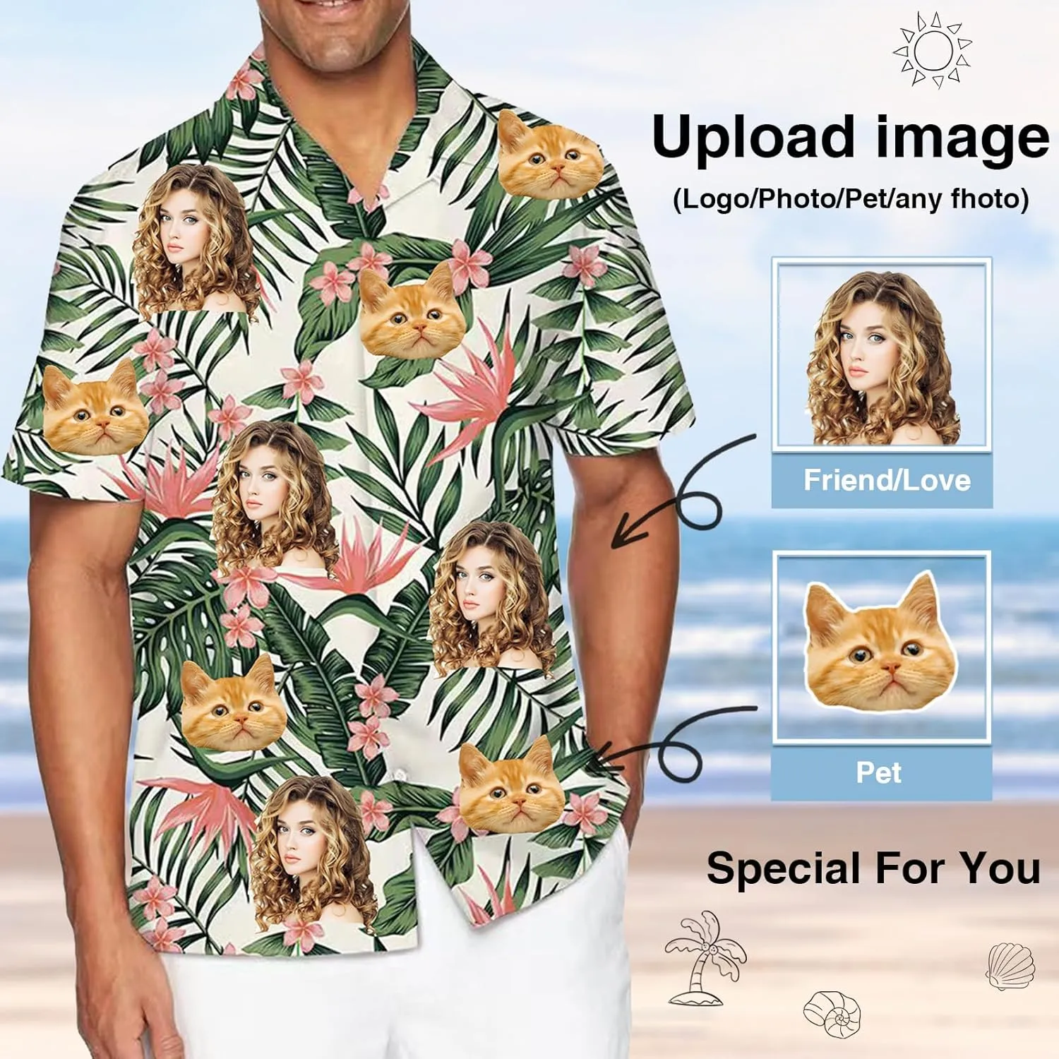Custom Hawaiian Shirt with Face Pet Face Logo Custom T Shirts Personalized Button Up Shirts for Men Fathers Birthday Gift