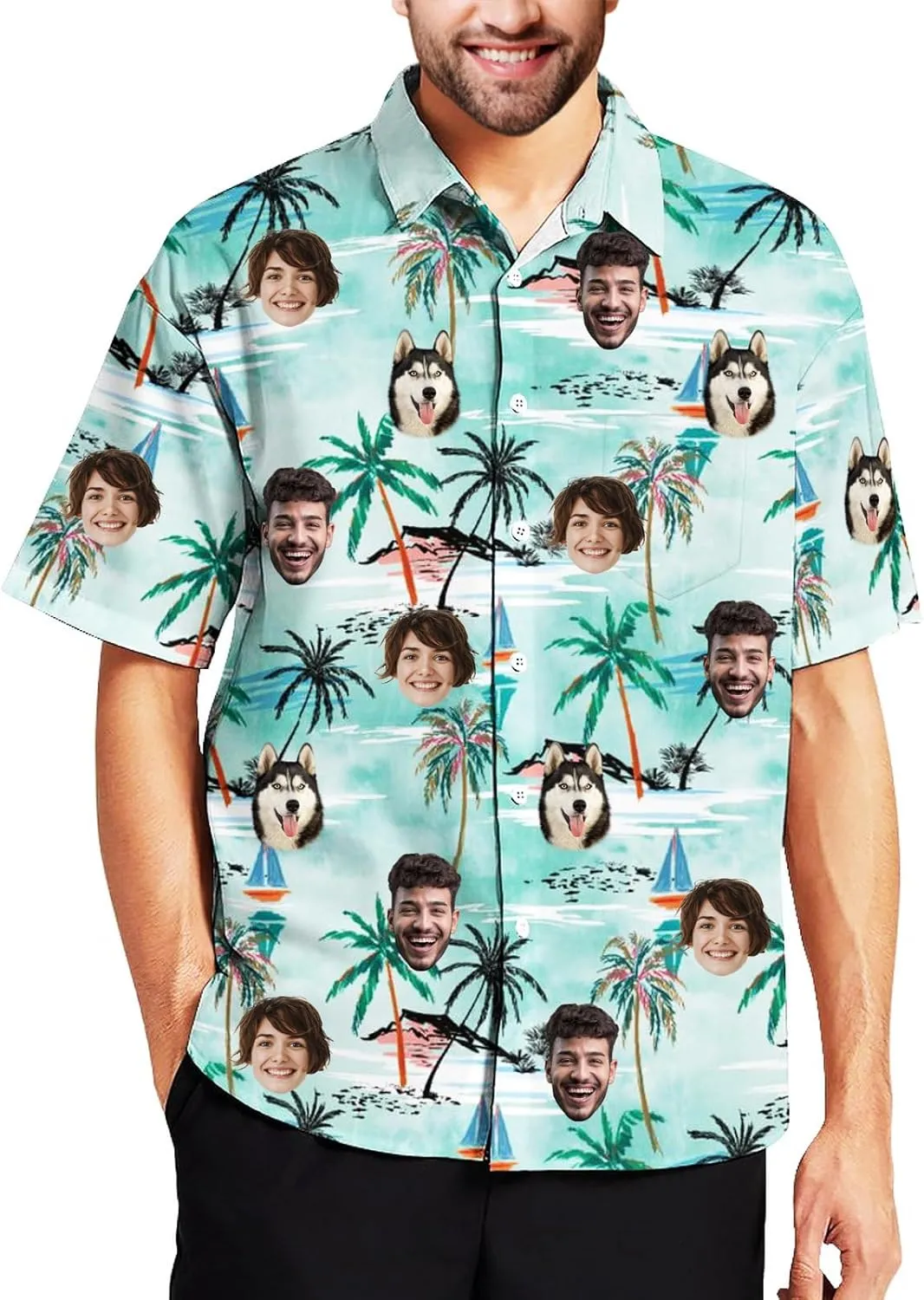 Custom Hawaiian Shirt with Pet Face Men Personalized Funny Hawaiian Shirts Tropical Floral Short Sleeve for Beach
