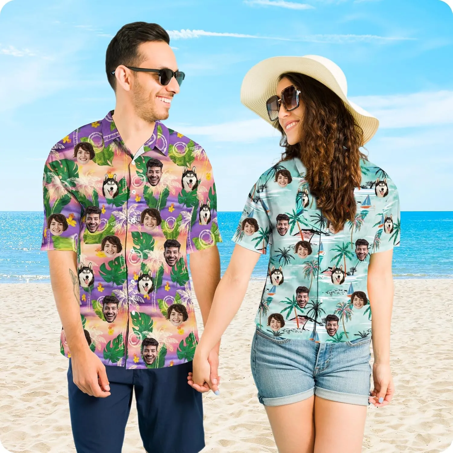 Custom Hawaiian Shirt with Pet Face Men Personalized Funny Hawaiian Shirts Tropical Floral Short Sleeve for Beach