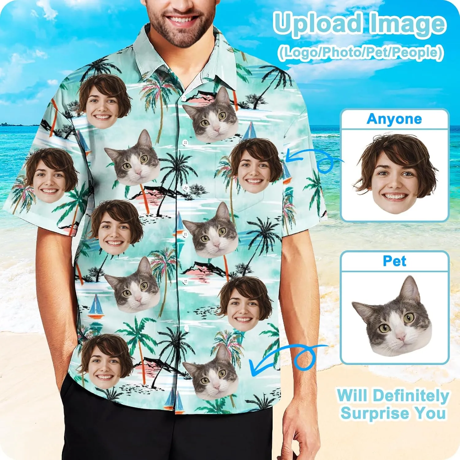 Custom Hawaiian Shirt with Pet Face Men Personalized Funny Hawaiian Shirts Tropical Floral Short Sleeve for Beach