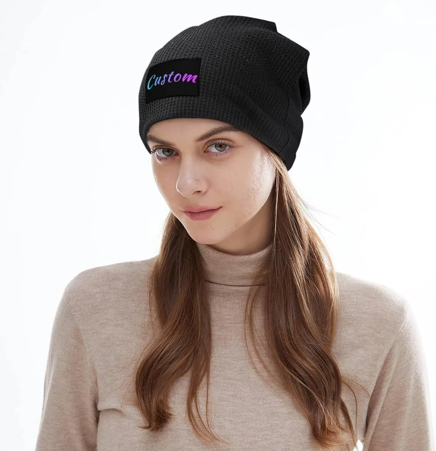 Custom Soft Skull Beanie Hat with Your Text/Logo/Photo, Personalized Winter Knitted Cuffed Beanie Hat for Men & Women