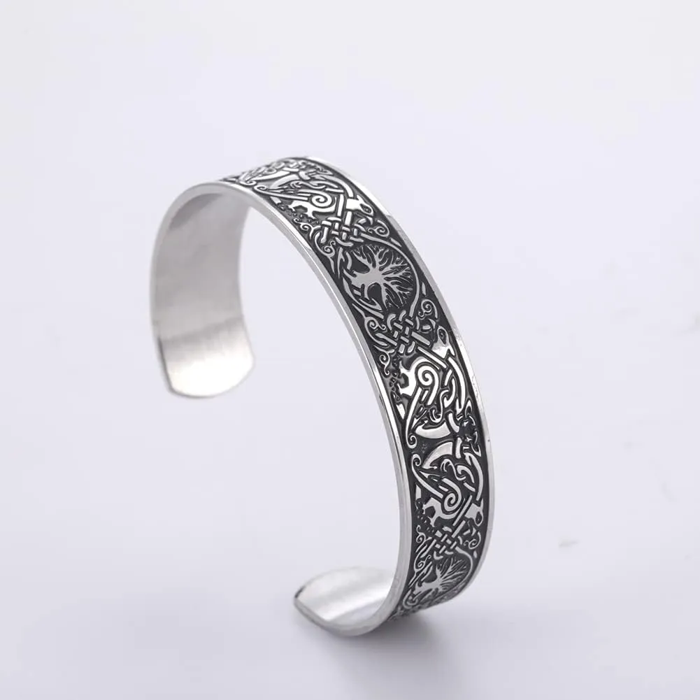 Dreamtimes Viking Tree of Life Bangle Bracelet Raven Talisman Bracelet Stainless Steel Bracelet Viking Celtic Knot Cuff Bangle for Men Women