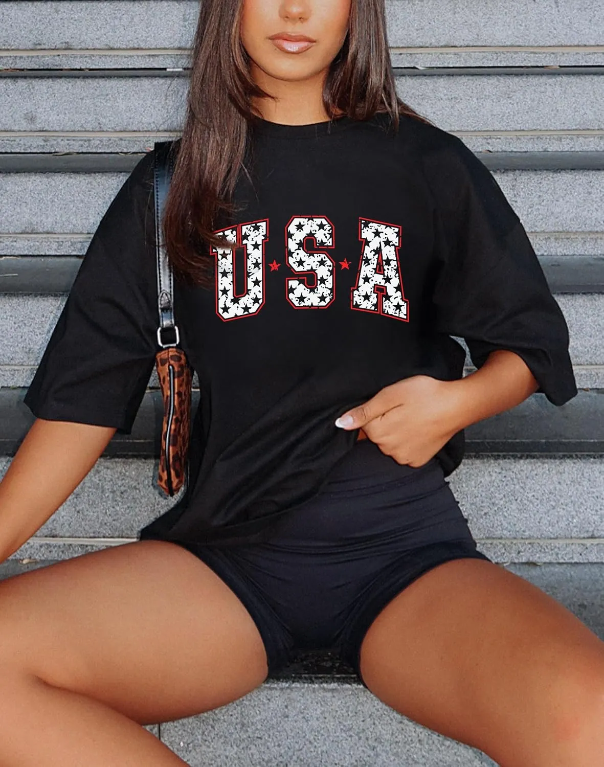 Dressmine Womens USA Oversized T-Shirts Summer Round Neck Short Sleeve Shirts Cute Print Graphic Tees