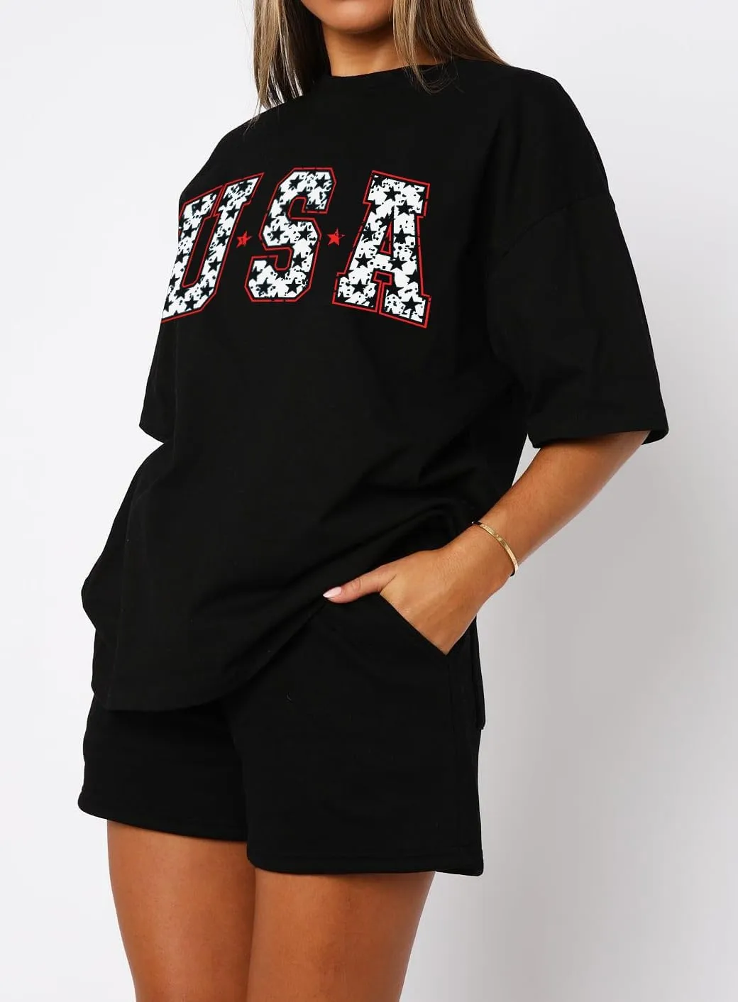 Dressmine Womens USA Oversized T-Shirts Summer Round Neck Short Sleeve Shirts Cute Print Graphic Tees