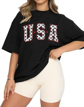 Dressmine Womens USA Oversized T-Shirts Summer Round Neck Short Sleeve Shirts Cute Print Graphic Tees