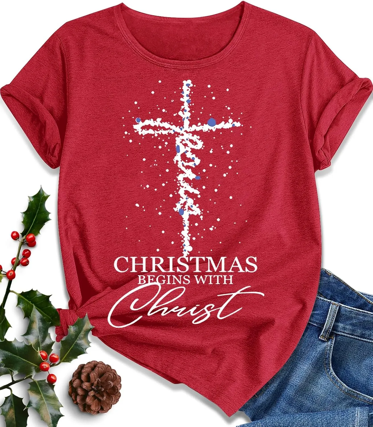 EUOW Christmas Shirts for Women Family Santa Graphic T Shirts Short Sleeve Funny Xmas Holiday Print Tee Tops