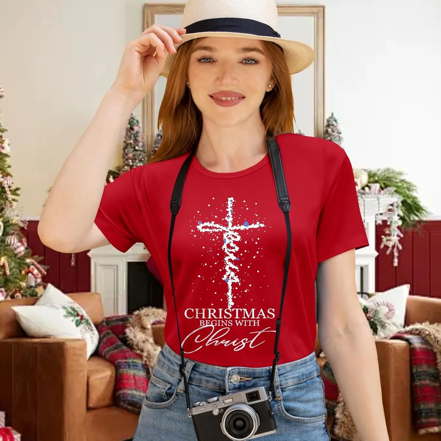 EUOW Christmas Shirts for Women Family Santa Graphic T Shirts Short Sleeve Funny Xmas Holiday Print Tee Tops