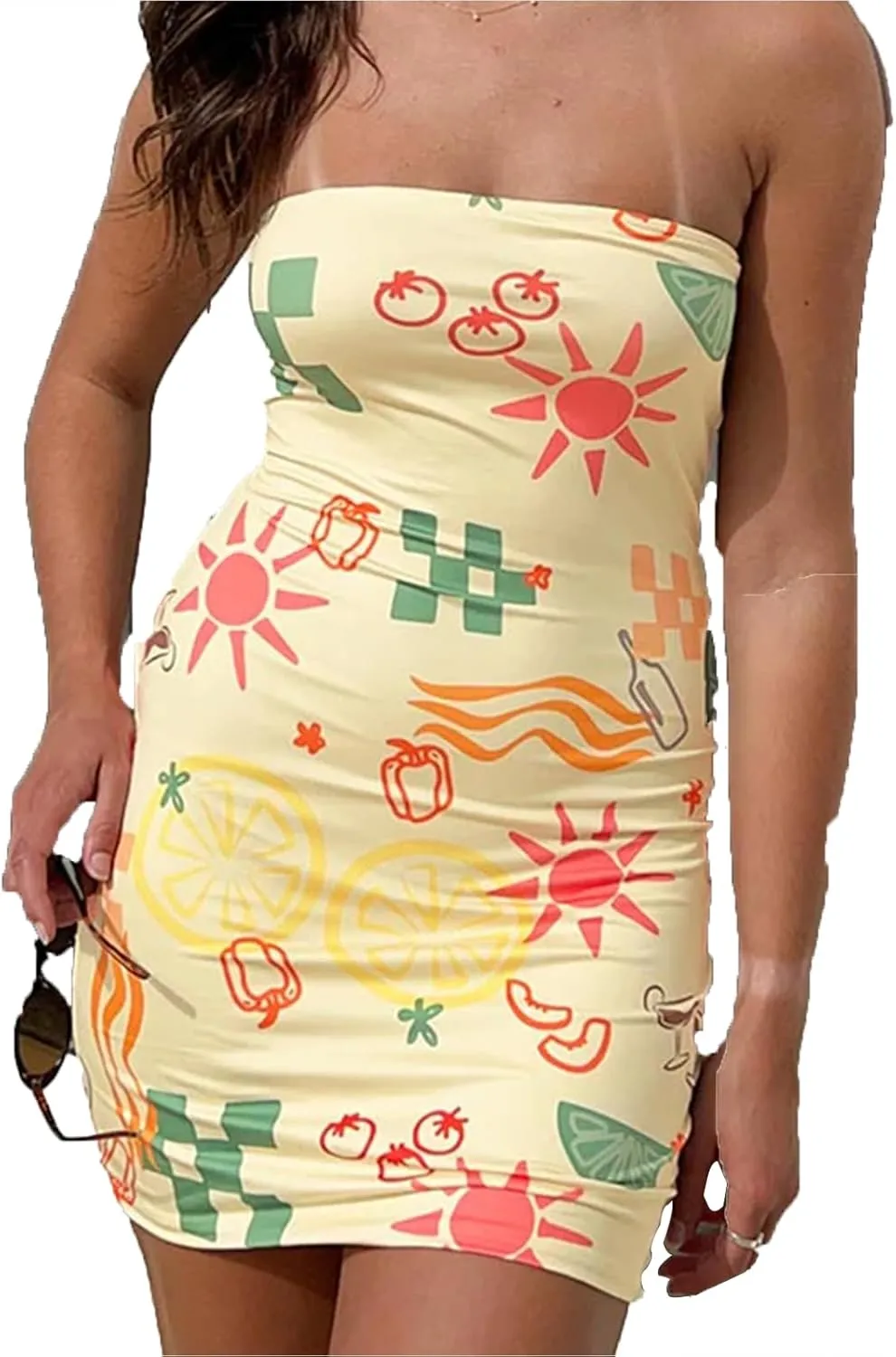 Fanvereka Summer Sexy Floral Tube Dress Y2K Strapless Bodycon Mini Dress Short Bandeau Dress for Teen Girl Shoping Beach Club