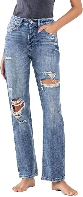 Flying Monkey - Super High Rise Button Up Distressed Straight Jean - Y3913
