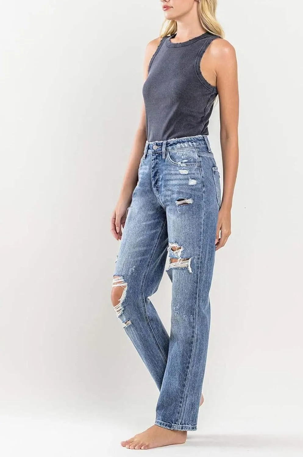 Flying Monkey - Super High Rise Button Up Distressed Straight Jean - Y3913
