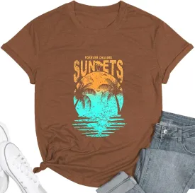 Hawaiian Shirts for Women Palm Trees Beach Graphic Tee Tops Summer Vacation Short Sleeve Tshirt Tops