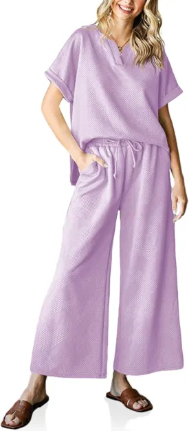 Imily Bela Womens 2 Piece Outfits Short Sleeve V neck Tops and Wide Leg Pants Sets Loungewear Casual Summer Tracksuits