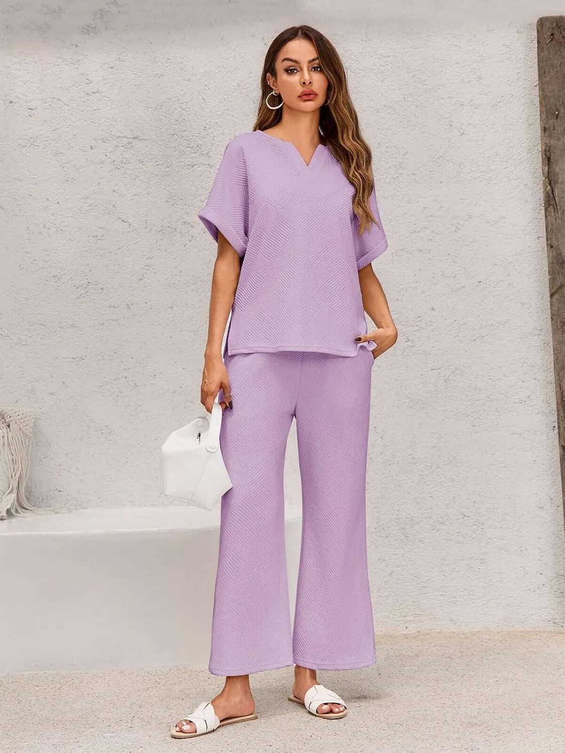 Imily Bela Womens 2 Piece Outfits Short Sleeve V neck Tops and Wide Leg Pants Sets Loungewear Casual Summer Tracksuits