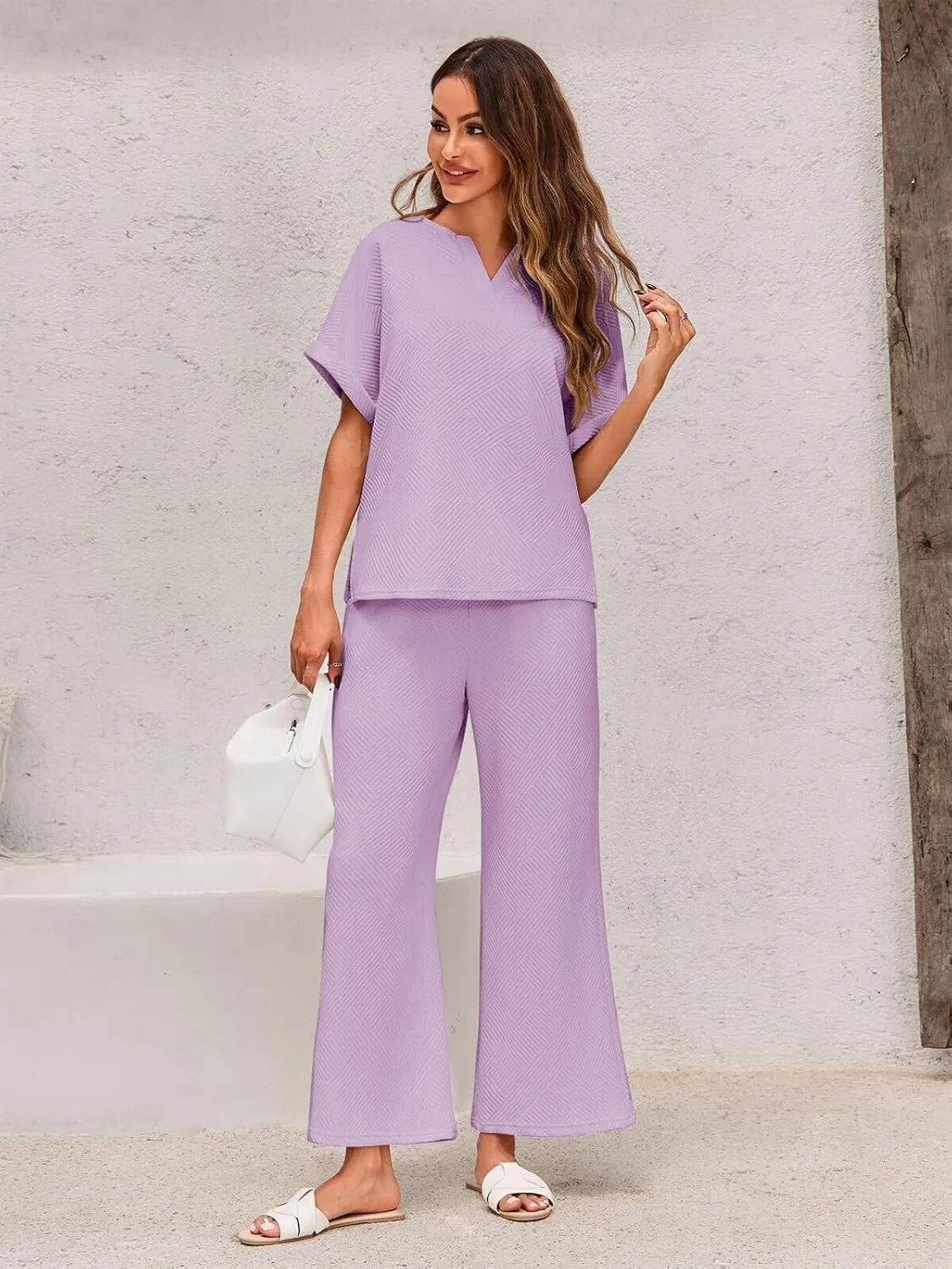 Imily Bela Womens 2 Piece Outfits Short Sleeve V neck Tops and Wide Leg Pants Sets Loungewear Casual Summer Tracksuits