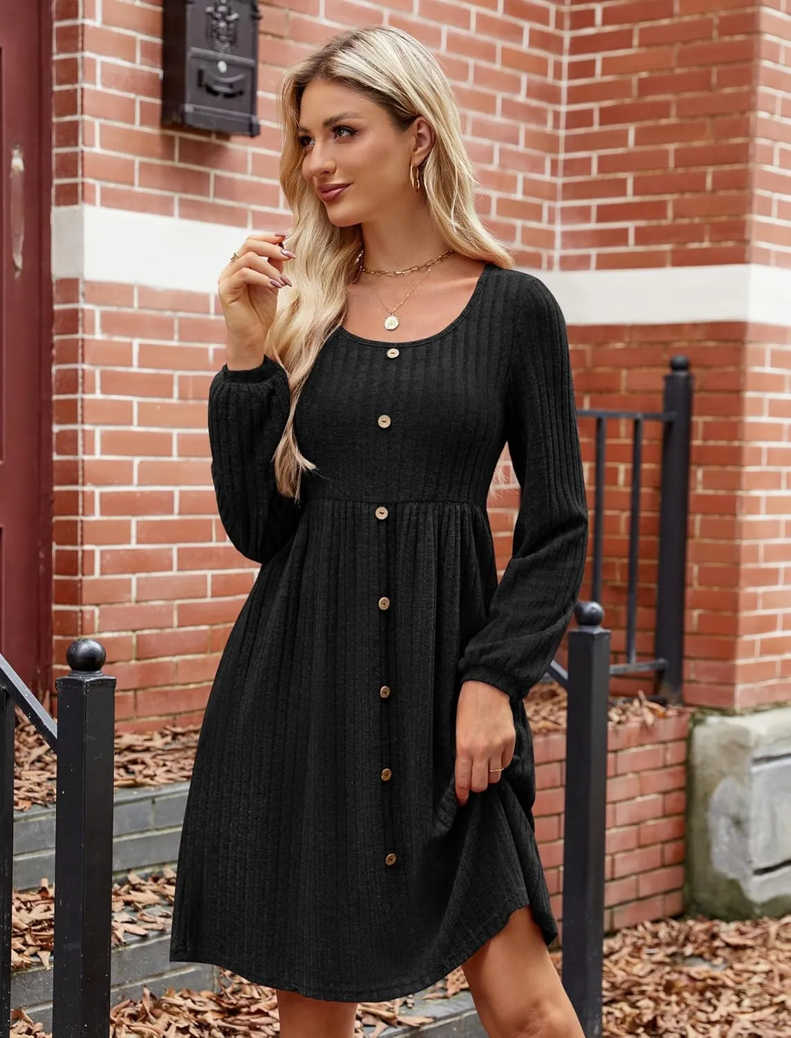 JUSTFASHIONNOW Womens Knit Dress Long Sleeve Knee Length Dresses Button Fall Dress with Pockets Trendy 2025