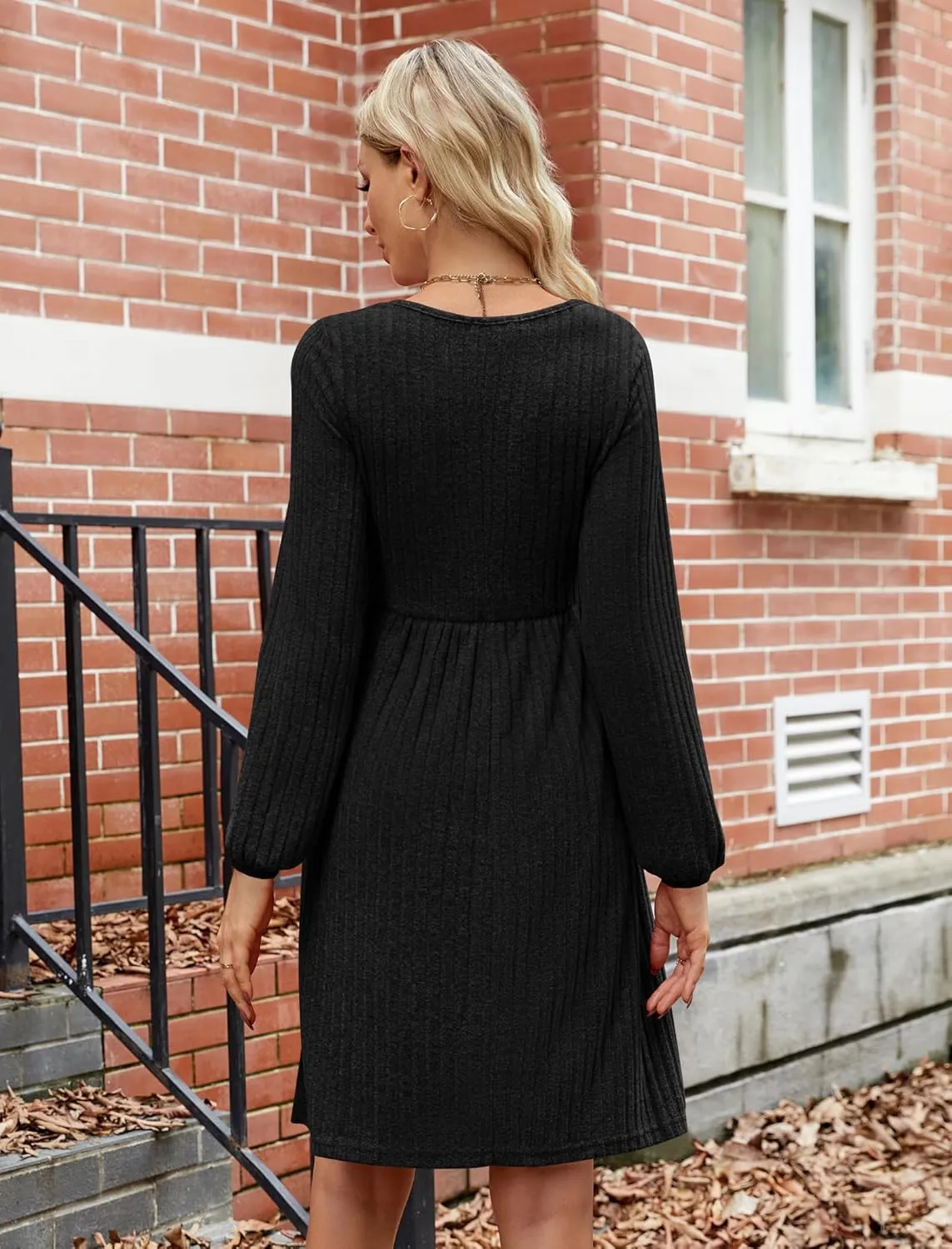 JUSTFASHIONNOW Womens Knit Dress Long Sleeve Knee Length Dresses Button Fall Dress with Pockets Trendy 2025