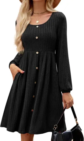 JUSTFASHIONNOW Womens Knit Dress Long Sleeve Knee Length Dresses Button Fall Dress with Pockets Trendy 2025