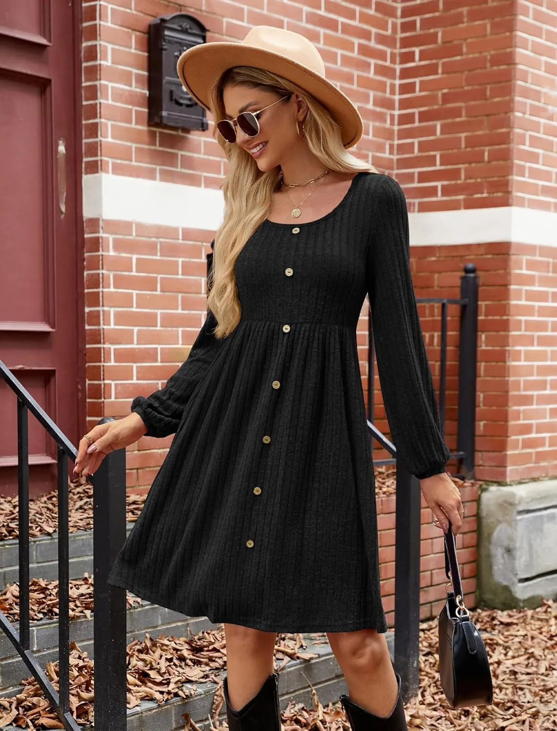 JUSTFASHIONNOW Womens Knit Dress Long Sleeve Knee Length Dresses Button Fall Dress with Pockets Trendy 2025