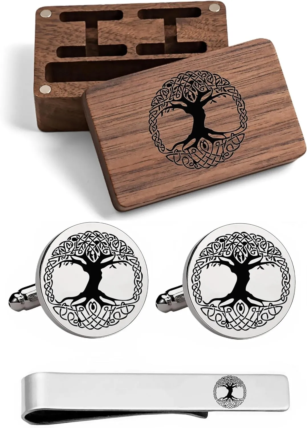 Kooer Classic Engraved Viking Rune Vegvisir Cuff Links Tie Bar Personalized Wedding Cufflinks Jewelry Gift for Men