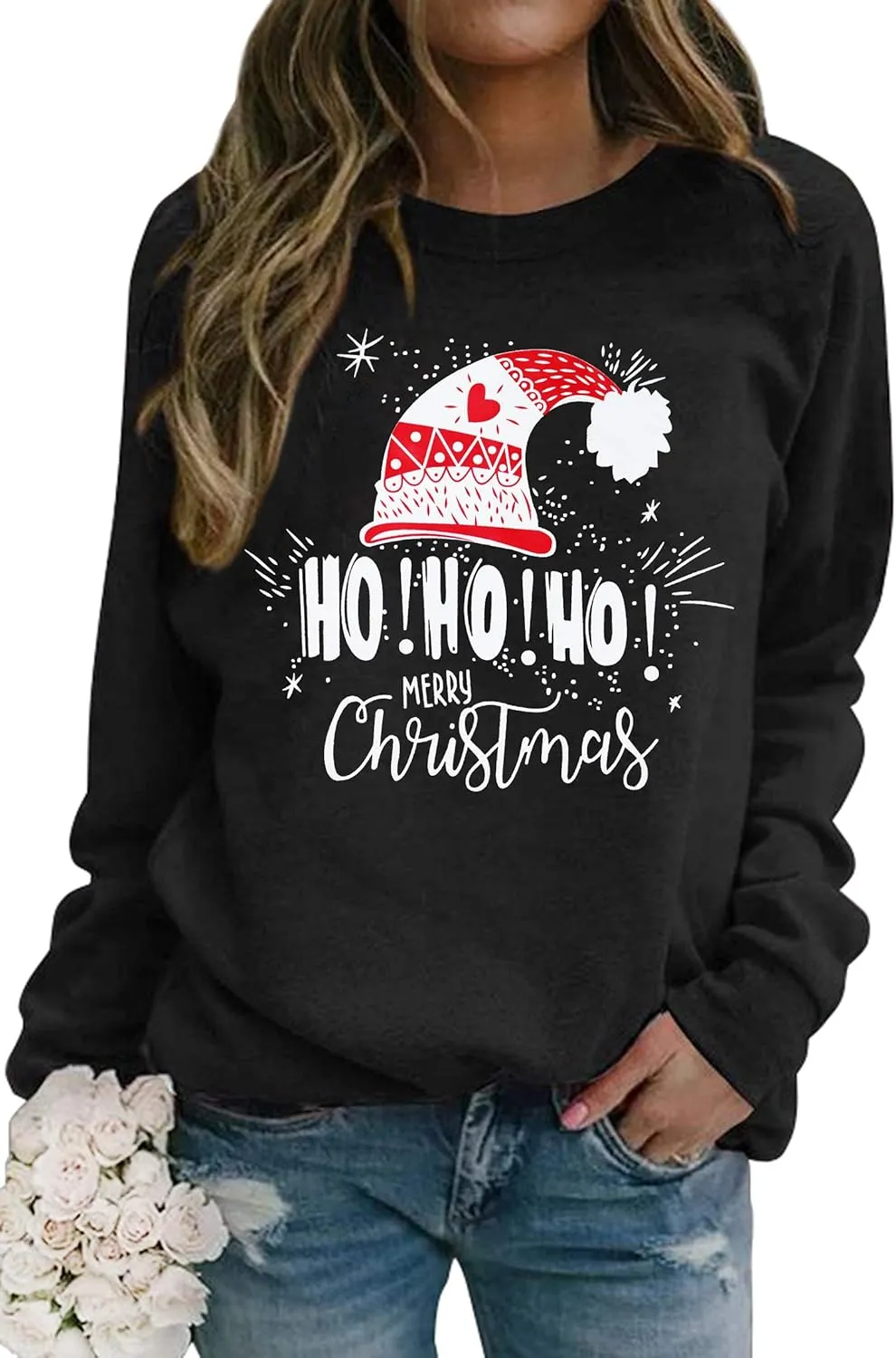 LHBNK Merry Christmas Sweatshirts HoHoHo Christmas Shirt Women Funny Santa Print Graphic Tee Casual Long Sleeve Blouse Tops