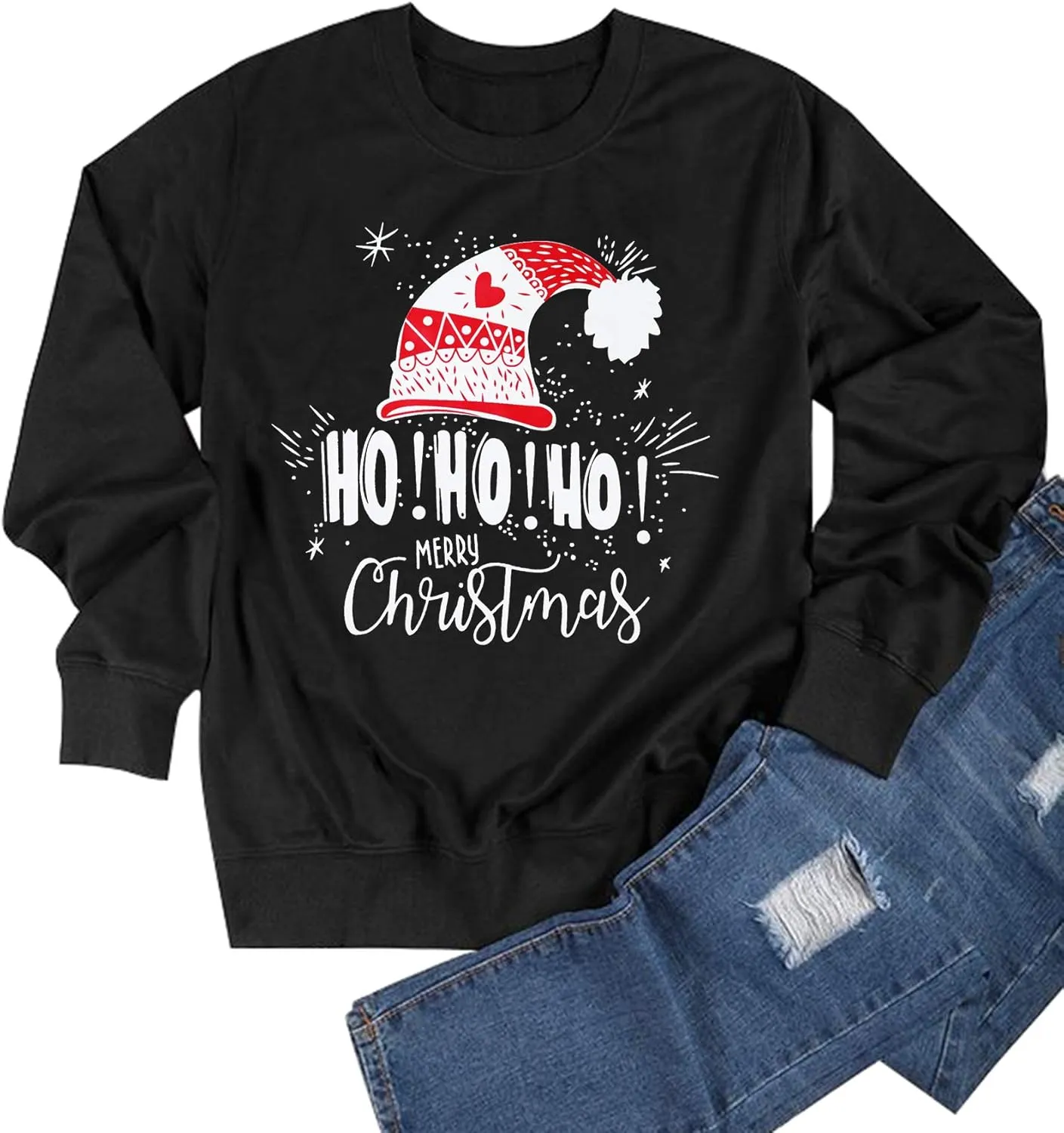 LHBNK Merry Christmas Sweatshirts HoHoHo Christmas Shirt Women Funny Santa Print Graphic Tee Casual Long Sleeve Blouse Tops