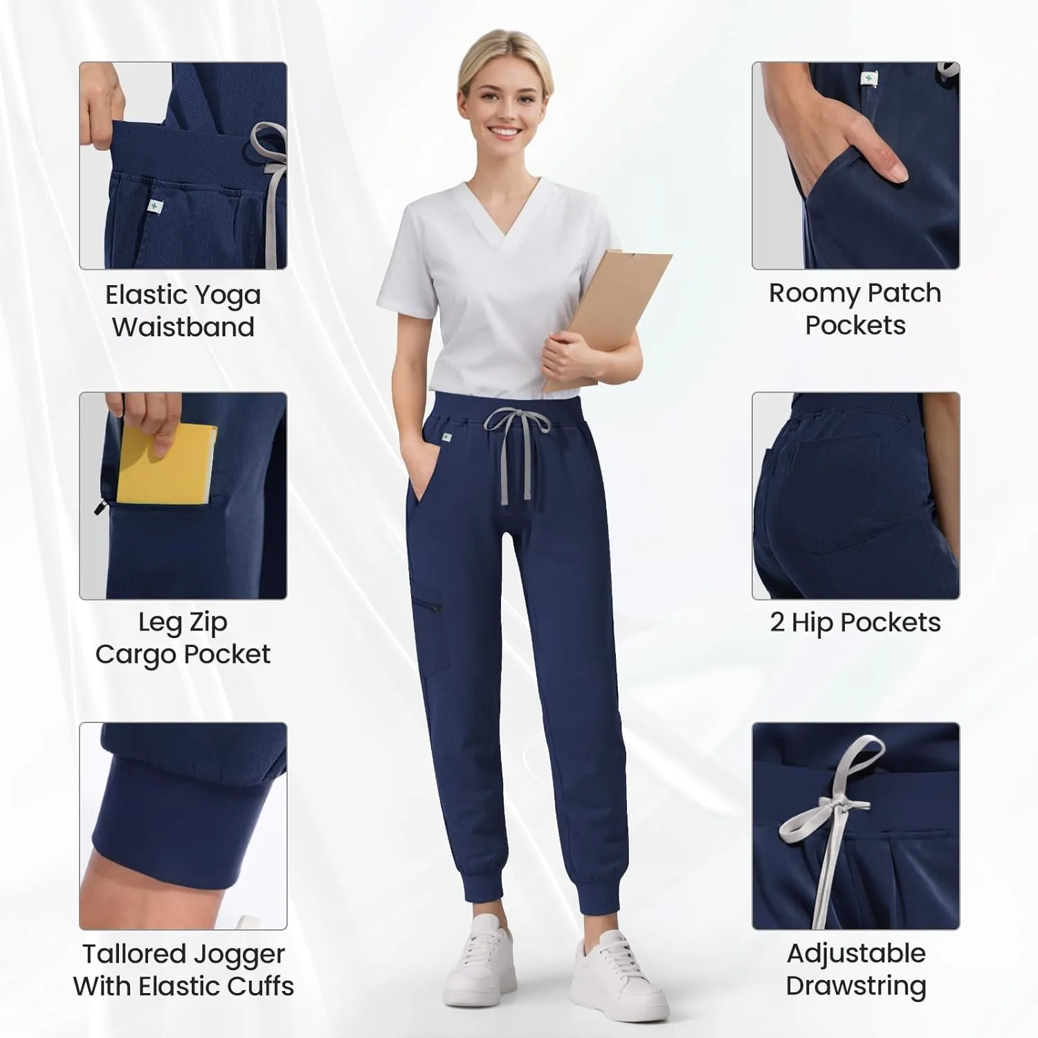 Medical Scrub Pants for Women Jogger Scrub Pants with 5 Pockets Drawstring Cargo Pants Mid-Rise Womens Scrubs Pant