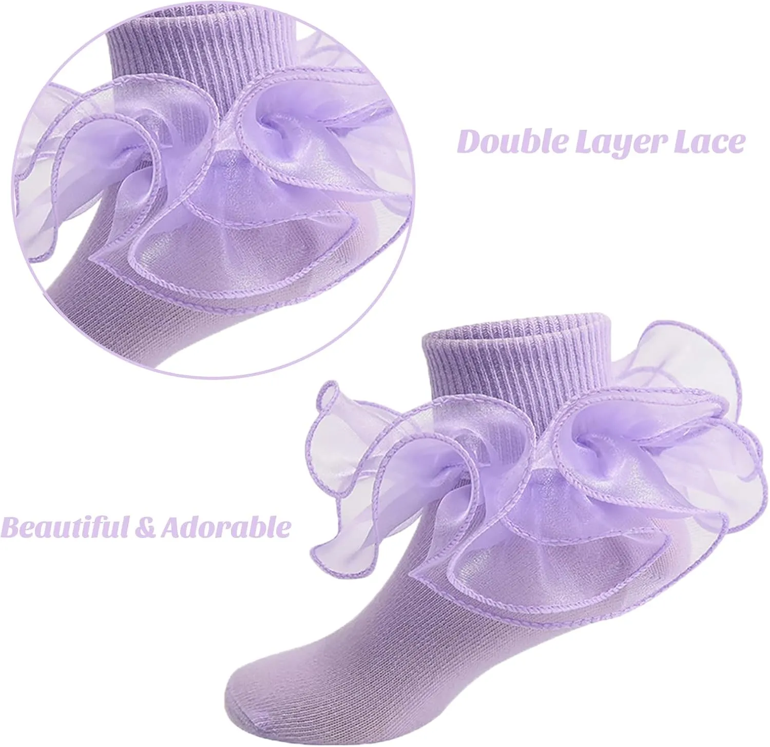 Meeshine Baby Girls Ruffle Socks Double Big Lace Frilly Dress Cotton Turn Cuff Socks for 1-8T Toddler Little Girls 5 Pack