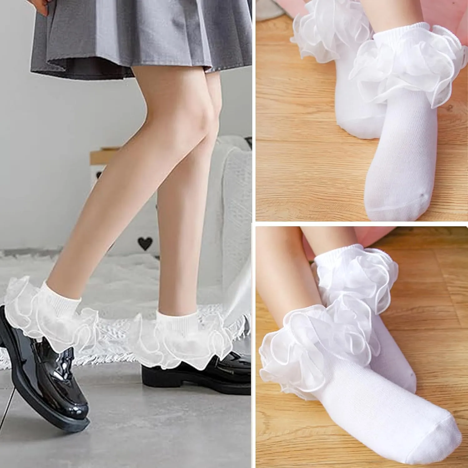 Meeshine Baby Girls Ruffle Socks Double Big Lace Frilly Dress Cotton Turn Cuff Socks for 1-8T Toddler Little Girls 5 Pack