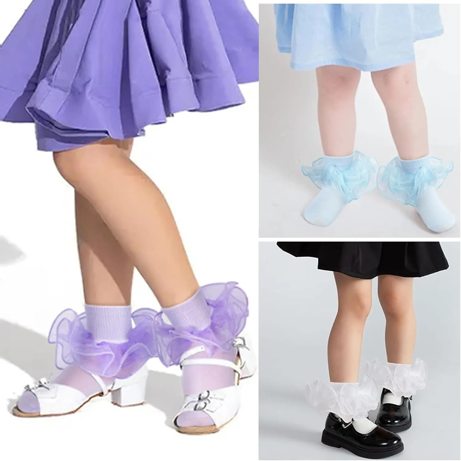 Meeshine Baby Girls Ruffle Socks Double Big Lace Frilly Dress Cotton Turn Cuff Socks for 1-8T Toddler Little Girls 5 Pack