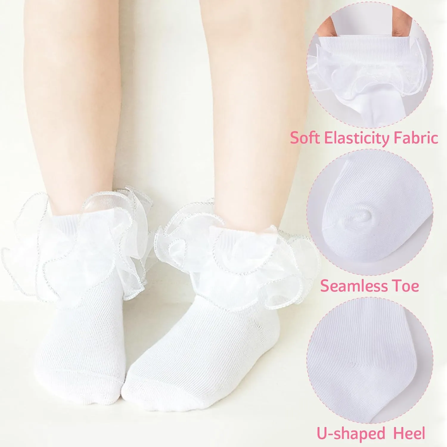 Meeshine Baby Girls Ruffle Socks Double Big Lace Frilly Dress Cotton Turn Cuff Socks for 1-8T Toddler Little Girls 5 Pack