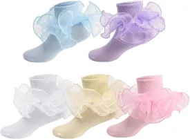 Meeshine Baby Girls Ruffle Socks Double Big Lace Frilly Dress Cotton Turn Cuff Socks for 1-8T Toddler Little Girls 5 Pack