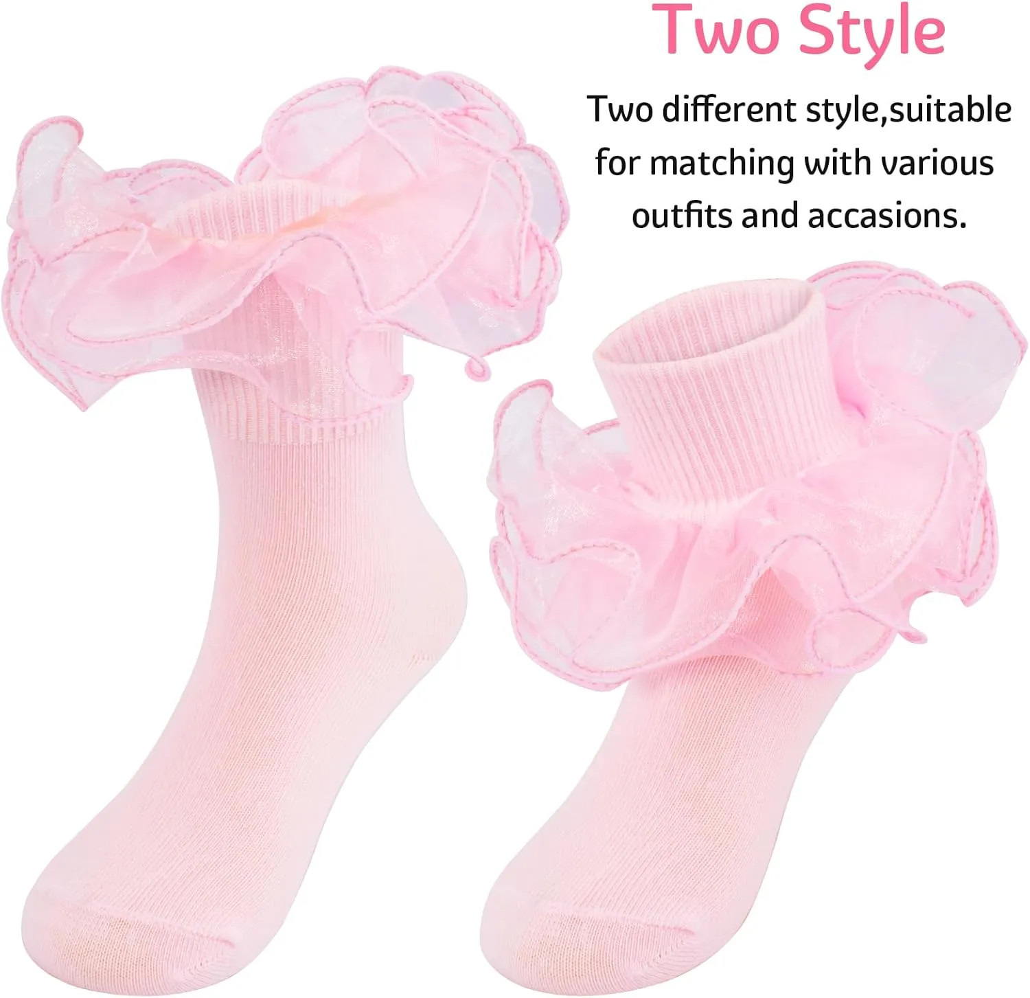 Meeshine Baby Girls Ruffle Socks Double Big Lace Frilly Dress Cotton Turn Cuff Socks for 1-8T Toddler Little Girls 5 Pack