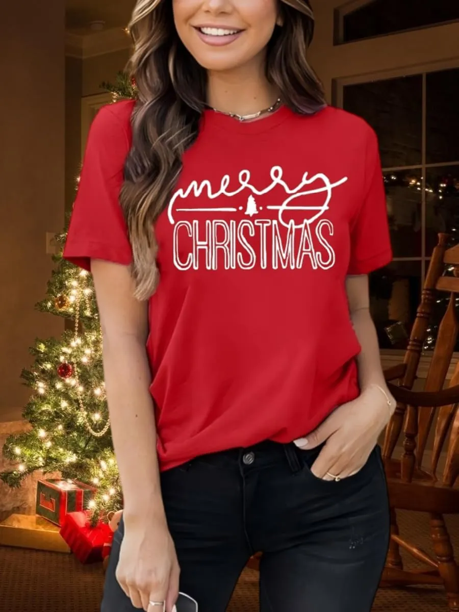Merry Christmas Shirts for Women Funny Christmas Tree Graphic Print Holiday T Shirts